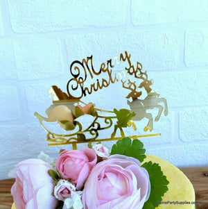 Gold Mirror Acrylic 'Merry Christmas' Santa riding his Sleigh Cake Topper Xmas Party Decorations