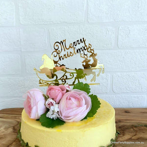 Gold Mirror Acrylic 'Merry Christmas' Santa riding his Sleigh Cake Topper Xmas Party Decorations