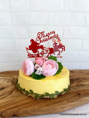 Acrylic Red 'Merry Christmas' Santa Riding Sleigh Cake Topper - Xmas New Year Party Cake Decorations