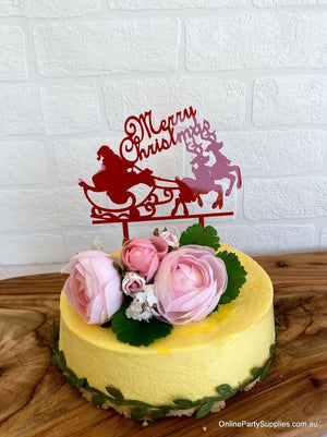 Acrylic Red 'Merry Christmas' Santa Riding Sleigh Cake Topper - Xmas New Year Party Cake Decorations