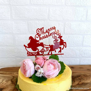 Acrylic Red 'Merry Christmas' Santa Riding Sleigh Cake Topper - Xmas New Year Party Cake Decorations