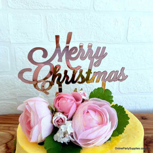Acrylic Rose Gold Mirror 'Merry Christmas' Cake Topper - Xmas New Year Party Cake Decorations