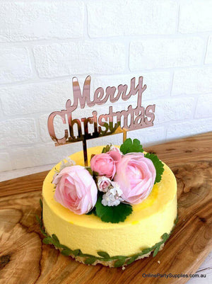 Acrylic Classic Rose Gold Mirror 'Merry Christmas' Cake Topper - Xmas New Year Party Cake Decorations