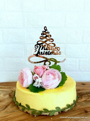 Acrylic Rose Gold Mirror Christmas Tree Cake Topper - Xmas New Year Party Cake Decorations