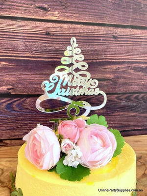 Acrylic Silver Mirror Christmas Tree Cake Topper - Xmas New Year Party Cake Decorations