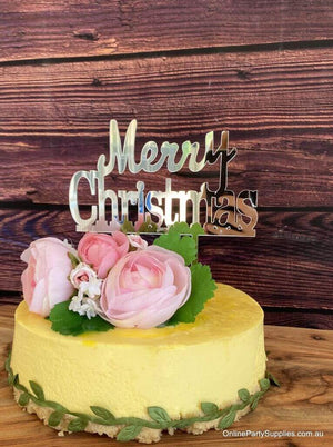 Acrylic Classic Silver Mirror 'Merry Christmas' Cake Topper - Xmas New Year Party Cake Decorations