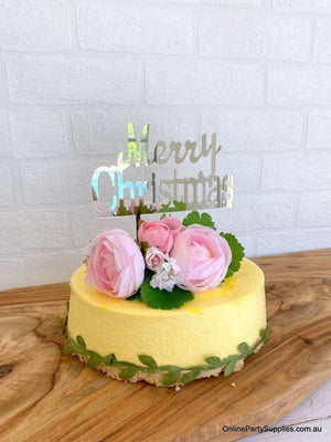 Acrylic Classic Silver Mirror 'Merry Christmas' Cake Topper - Xmas New Year Party Cake Decorations