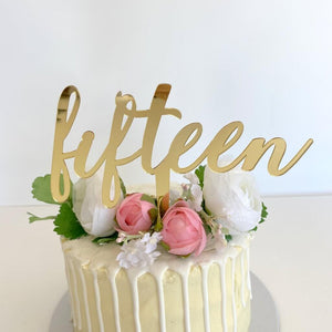 Acrylic Gold Mirror 'fifteen' Script 15th Birthday Cake Topper