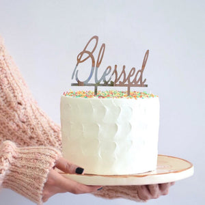 Acrylic Rose Gold Mirror Blessed Cake Topper - Christening / Baptism / Baby Shower Cake Decorations