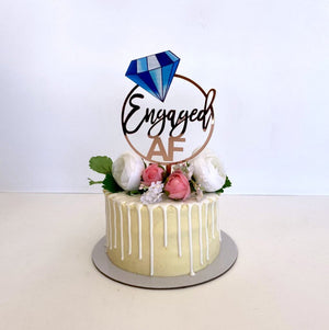 Acrylic Rose Gold Mirror Engaged Loop with Blue Diamond Cake Topper