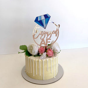 Acrylic Rose Gold Mirror Engaged Loop with Blue Diamond Cake Topper