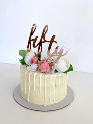 Rose Gold Mirror Acrylic 'Fifty' Script Cake Topper - 50th Birthday Party or Wedding Anniversary Cake Decorations