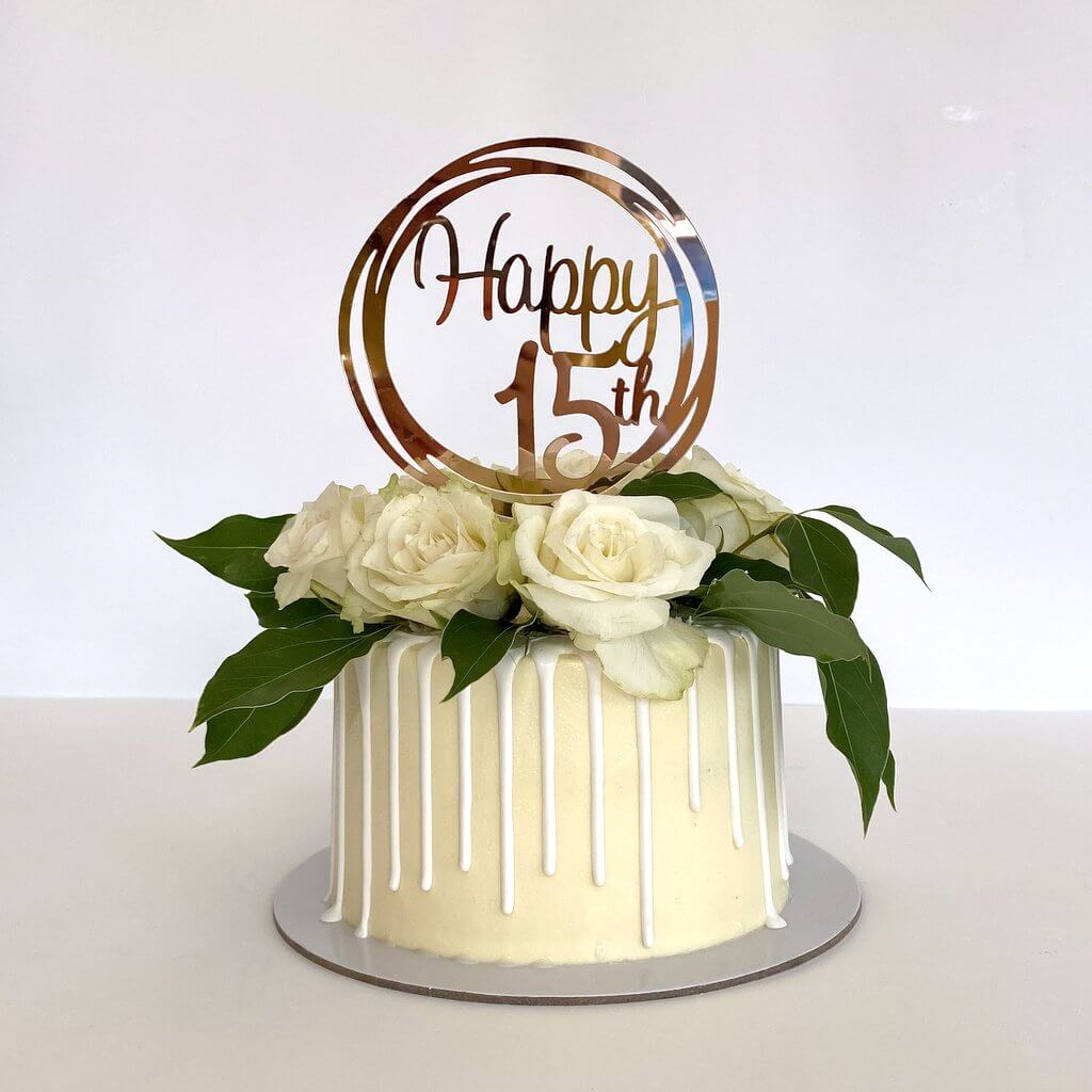 Acrylic Rose Gold Mirror Happy 15th Birthday Geometric Circle Cake Topper