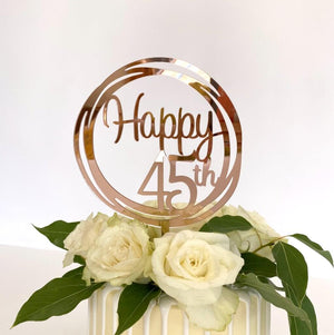 Acrylic Rose Gold Mirror Happy 45th Birthday Geometric Circle Cake Topper