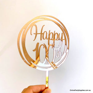 Acrylic Rose Gold Mirror Geometric Circle Happy 100th Cake Topper