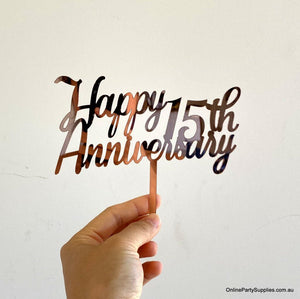 Online Party Supplies Australia Rose Gold Mirror Acrylic 'Happy 15th Anniversary' Cake Topper