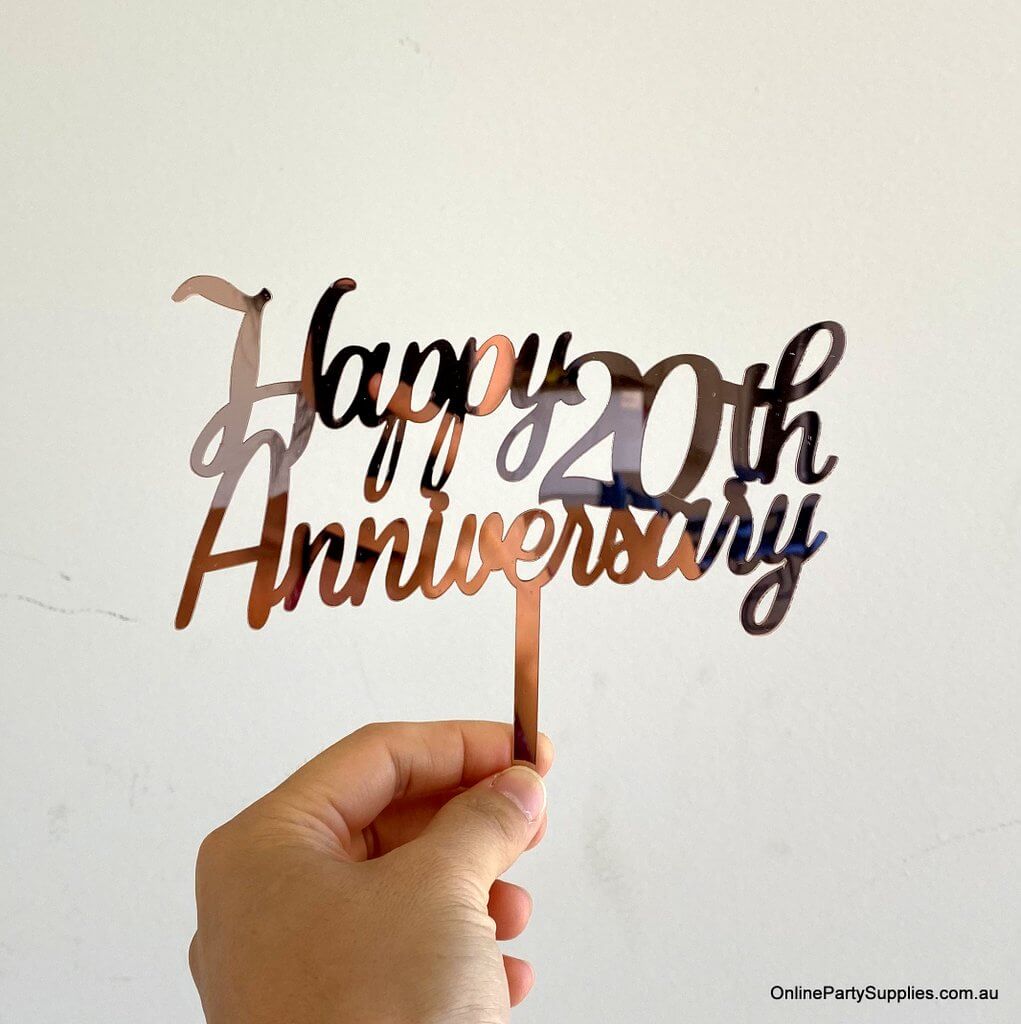 Online Party Supplies Australia Rose Gold Mirror Acrylic 'Happy 20th Anniversary' Cake Topper