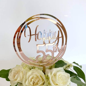 Acrylic Rose Gold Geometric Circle Happy 55th Cake Topper