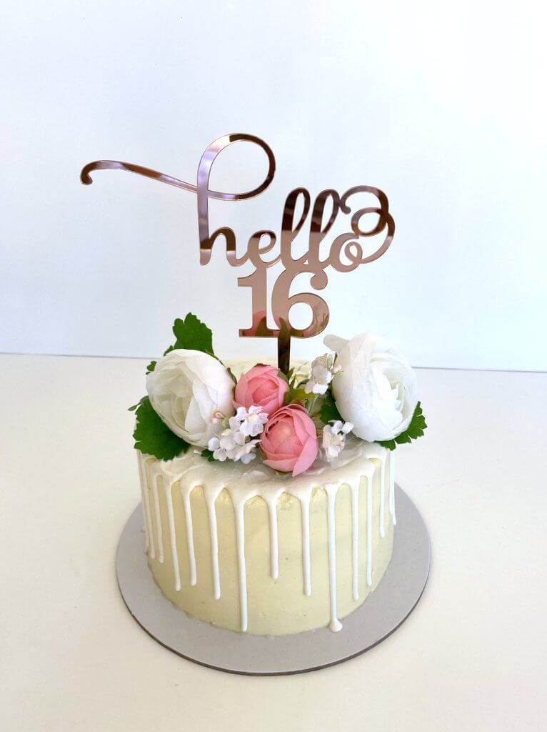 Acrylic Rose Gold Mirror 'hello 16' Cake Topper