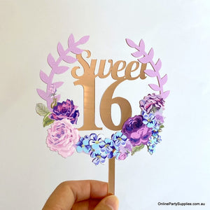 Online Party Supplies Australia rose gold mirror sweet 16 floral wreath birthday cake topper