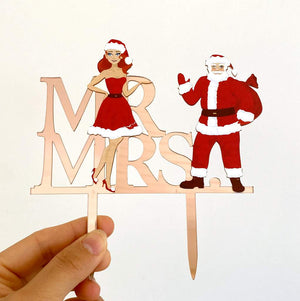 Acrylic Rose Gold Mirror 'Mr and Mrs' Santa Christmas Themed Wedding Engagement Bridal Shower Cake Topper