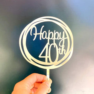 Acrylic Silver Mirror Geometric Circle Happy 40th Cake Topper