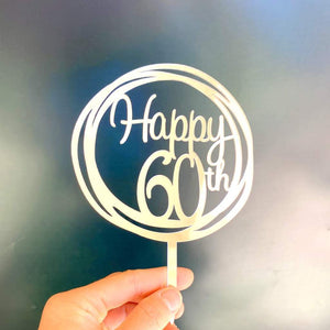 Acrylic Silver Mirror Geometric Round Happy 60th Cake Topper