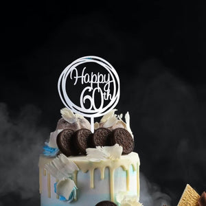 Acrylic Silver Mirror Geometric Round Happy 60th Cake Topper