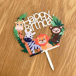 Acrylic Silver Mirror Happy Birthday Jungle Animal Safari Cake Topper