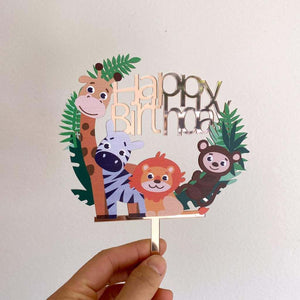 Acrylic Silver Mirror Happy Birthday Jungle Animal Safari Cake Topper