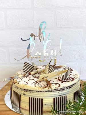 Silver Mirror Acrylic 'oh baby!' Laser Cut Script Neutral Baby Shower Cake Topper