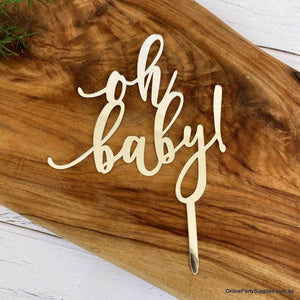 Silver Mirror Acrylic 'oh baby!' Laser Cut Script Baby Shower Cake Topper