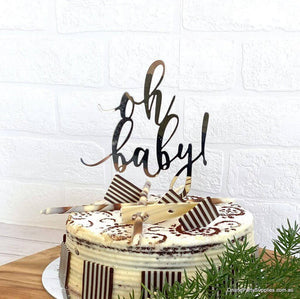 Silver Mirror Acrylic 'oh baby!' Laser Cut Script Baby Shower Cake Topper