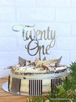 Acrylic Silver Mirror 'Twenty One' Cake Topper - 21st Birthday Party Cake Decorations