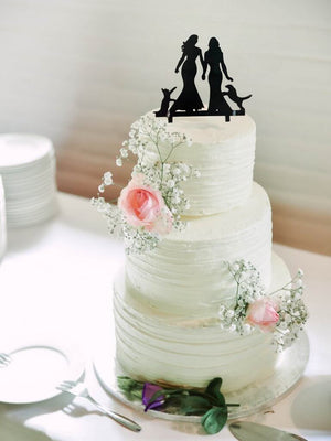 Acrylic Silhouette Two Brides with Cat and Dog Black Cake Topper