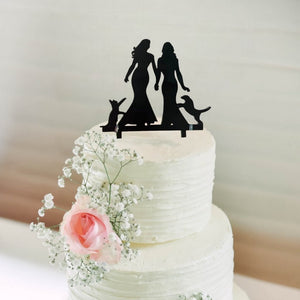 Acrylic Silhouette Two Brides with Cat and Dog Black Cake Topper