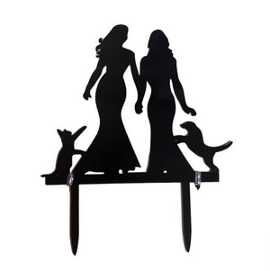 Acrylic Silhouette Two Brides with Cat and Dog Black Cake Topper - BSSM.08