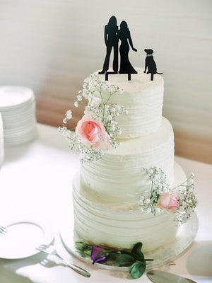 Acrylic Silhouette Two Brides Holding Hand & A Dog Black Cake Topper