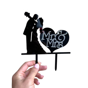 Silhouette Wedding Couple Hugging Mr & Mrs Heart Shaped Cake Topper