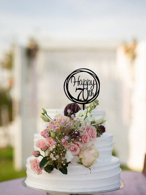 Acrylic Black Geometric 'Happy 70th' Cake Topper - 70th Birthday Party, Wedding Anniversary Cake Decorations