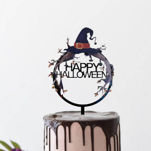 Acrylic Black Happy Halloween Witch Hat Cake Topper