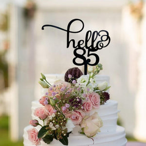 black acrylic hello 85 happy birthday cake topper