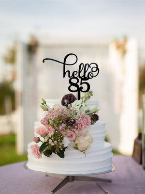 black acrylic hello 85 happy birthday cake topper