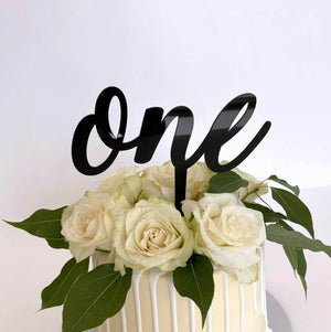 Black Acrylic One Script Happy 1st Birthday Cake Topper