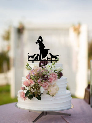 Black Acrylic Couple With Cats and Dogs Wedding Engagement Cake Topper