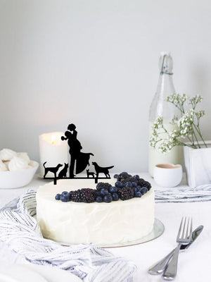 Black Acrylic Couple With Cats and Dogs Wedding Engagement Cake Topper