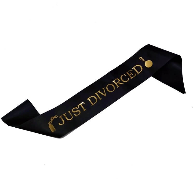 black 'Just Divorced' with Broken Chain Satin Sash - Gold Print