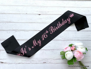 Black Pink Glitter Printed 'It's My 16th Birthday' Crown Satin Sash