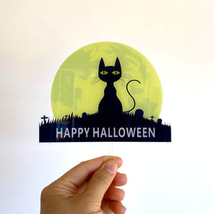Acrylic Black & Yellow Happy Halloween Cat & Full Moon Cake Topper