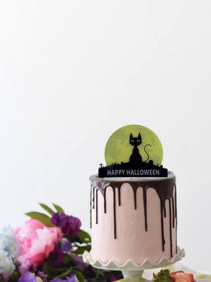 Acrylic Black & Yellow Happy Halloween Cat & Full Moon Cake Topper